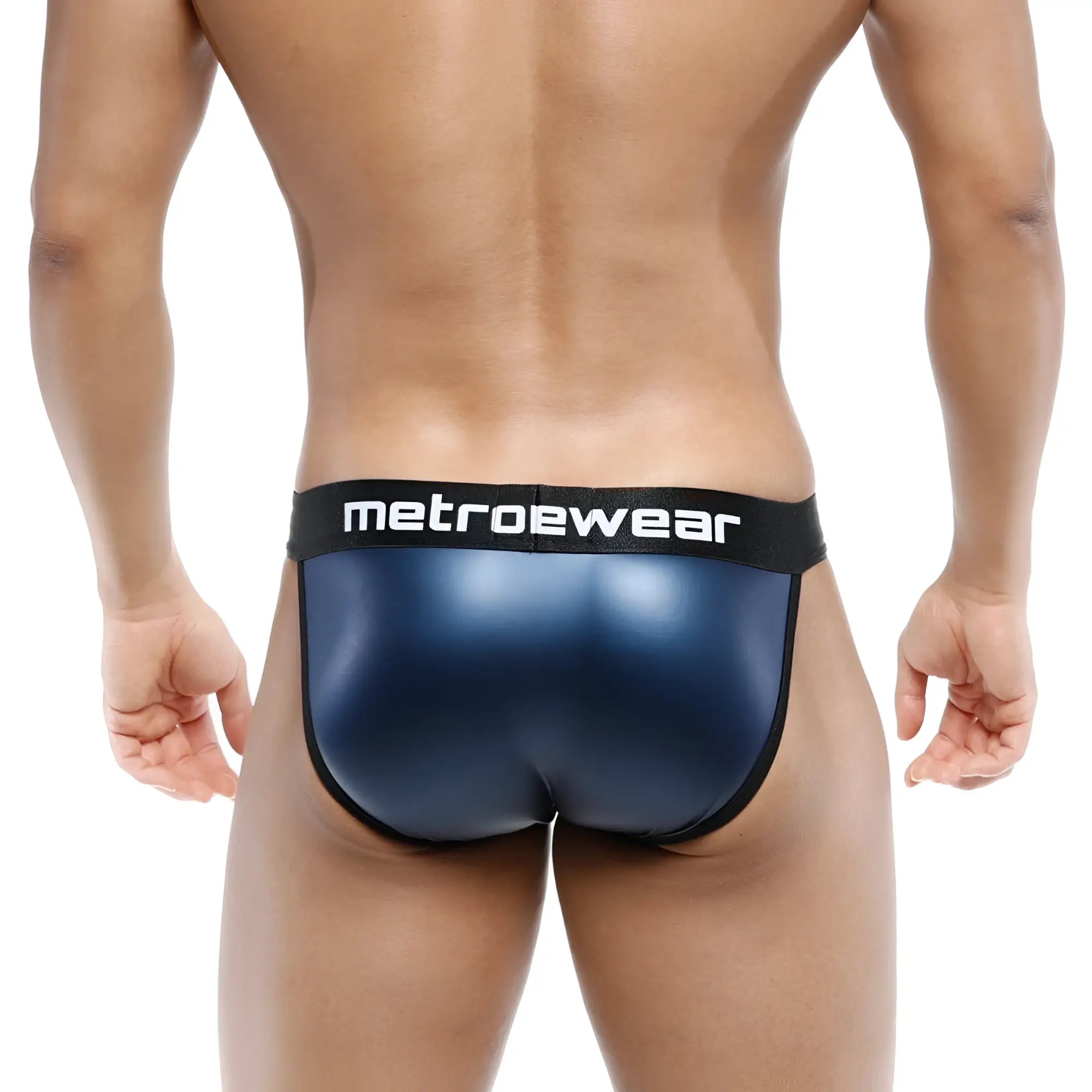 Navy blue metallic leather briefs with black waistband and white metroewear branding metroMalewear leather bikini 3004-F28