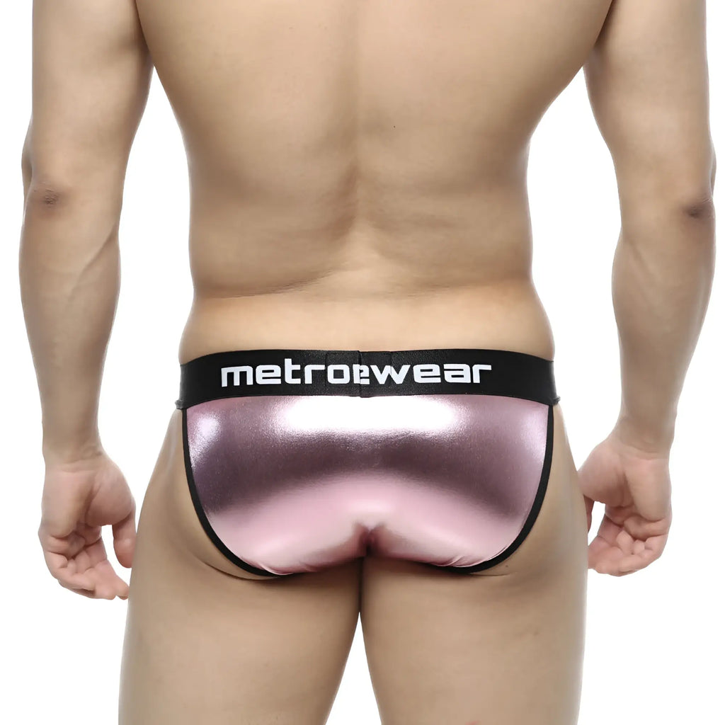 Pink metallic leather briefs with black metrowear waistband metro male wear leather bikini pink 3004 f02