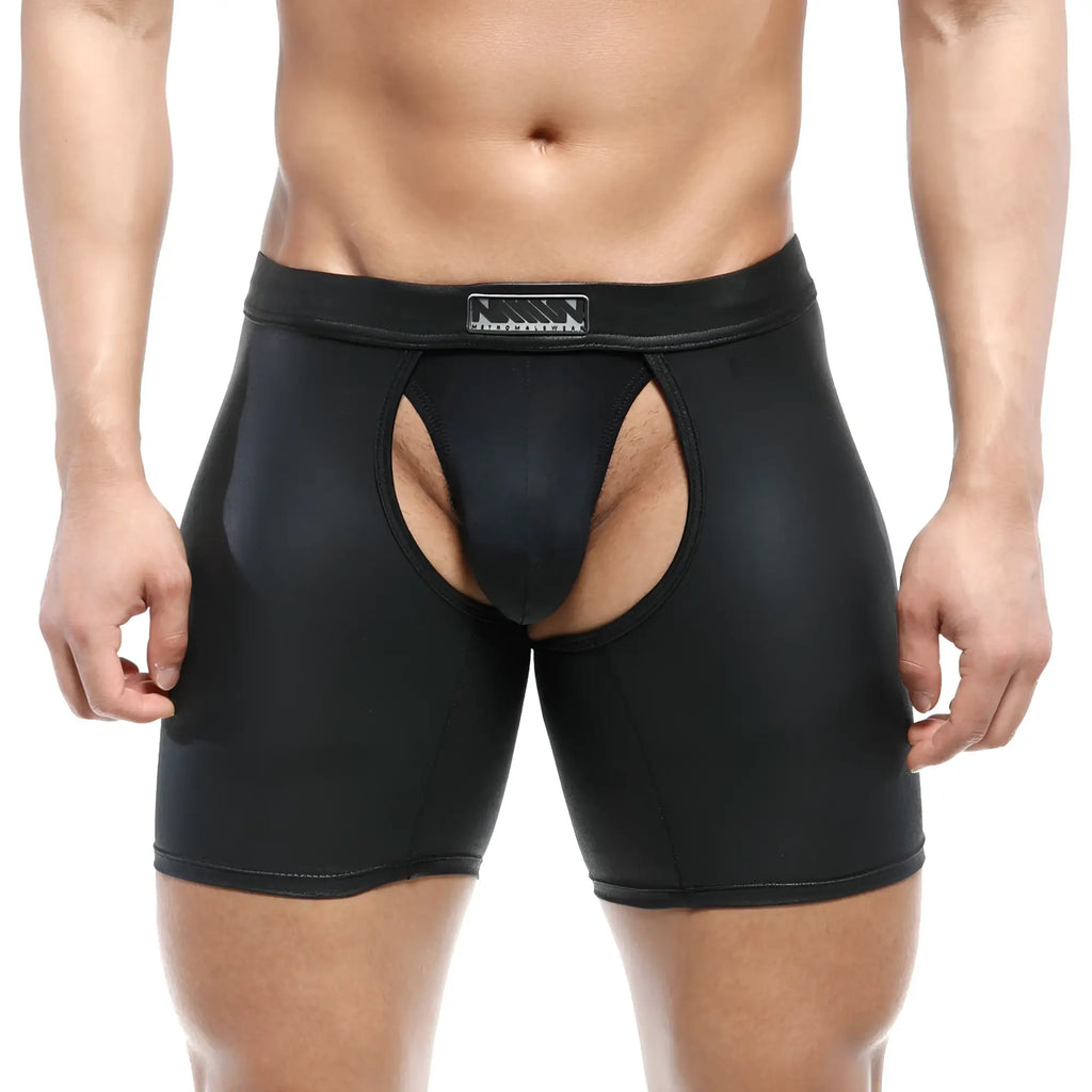 Black glossy faux leather briefs with central cutout and rectangular logo patch on waistband metroMalewear chaps 0011
