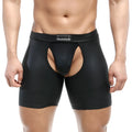 Black glossy faux leather briefs with central cutout and rectangular logo patch on waistband metroMalewear chaps 0011