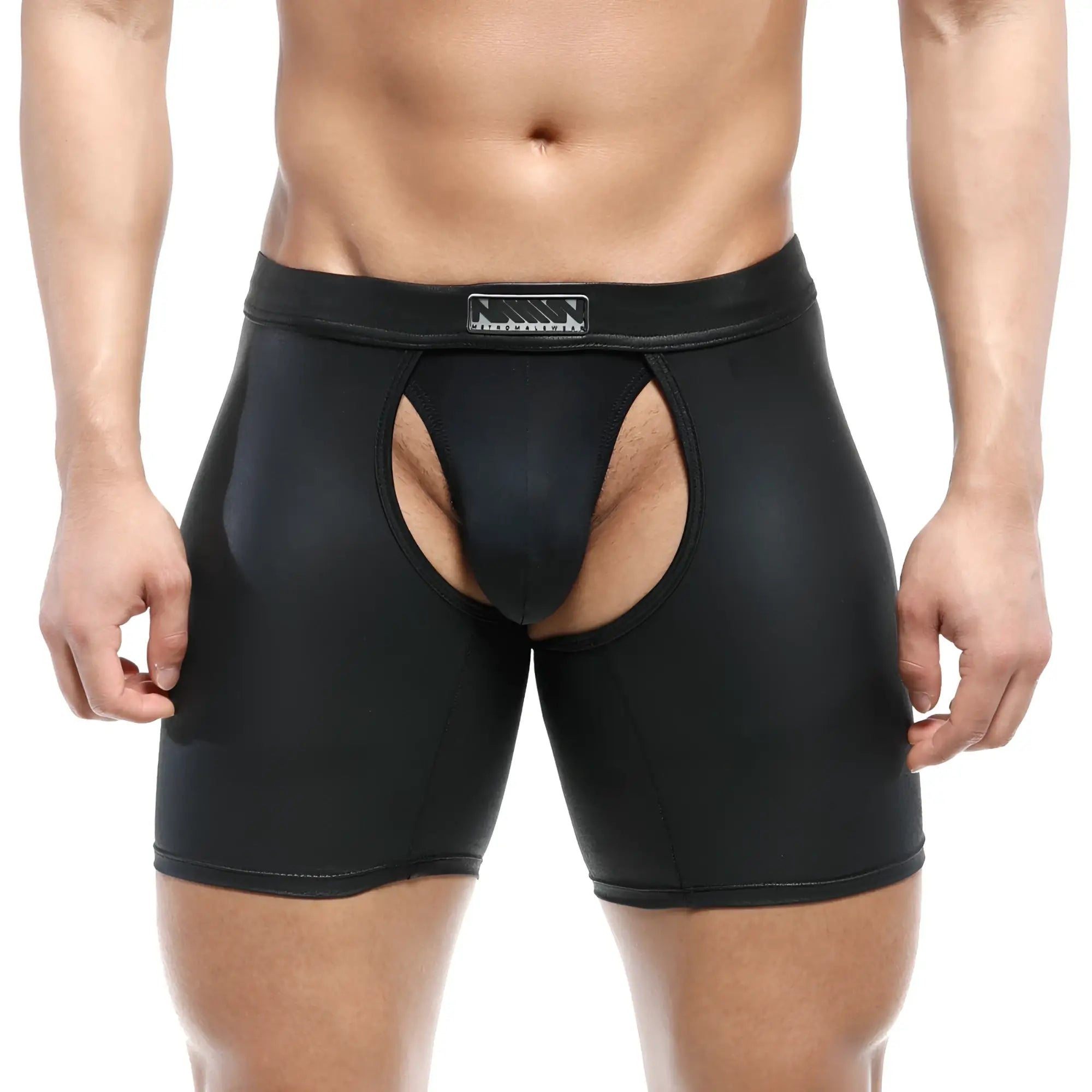 Black glossy faux leather briefs with central cutout and rectangular logo patch on waistband metroMalewear chaps 0011