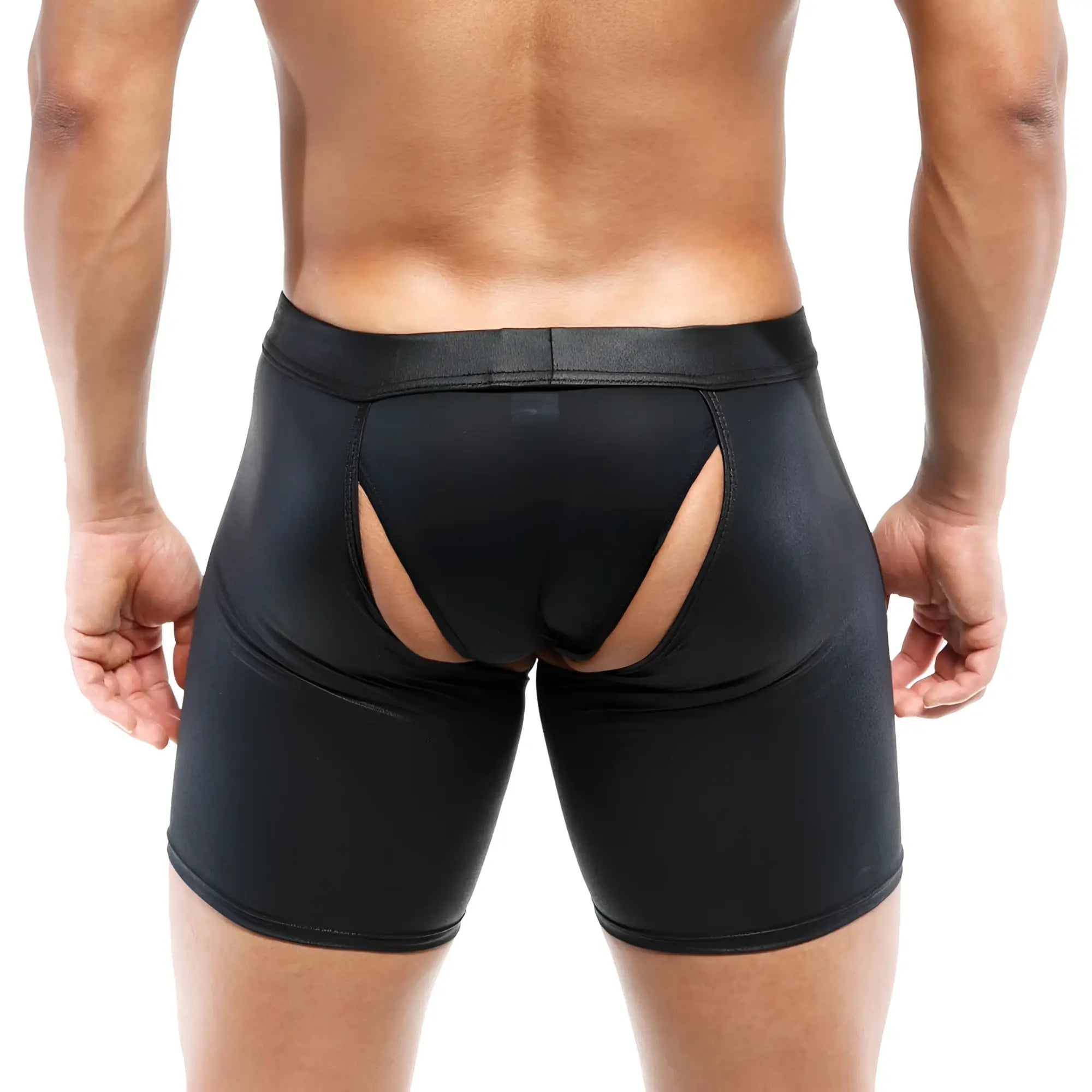 Black glossy leather briefs with cutout design at the back from metromalewear leather chaps 0011 collection