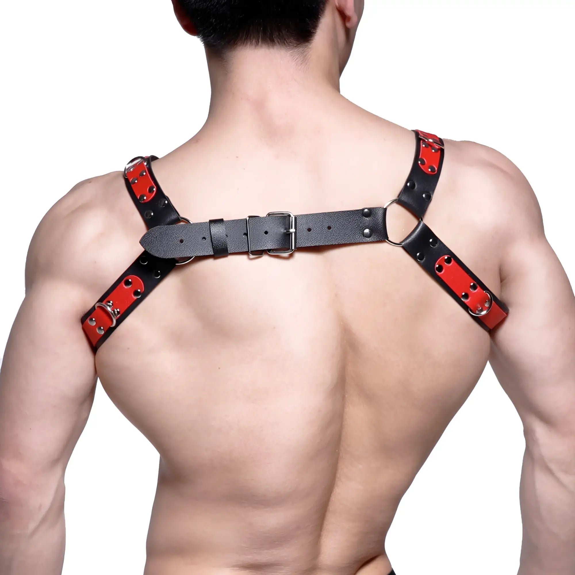 Black and red leather harness with silver-toned metal hardware from MetroMaleWear leather harness red mh2 collection