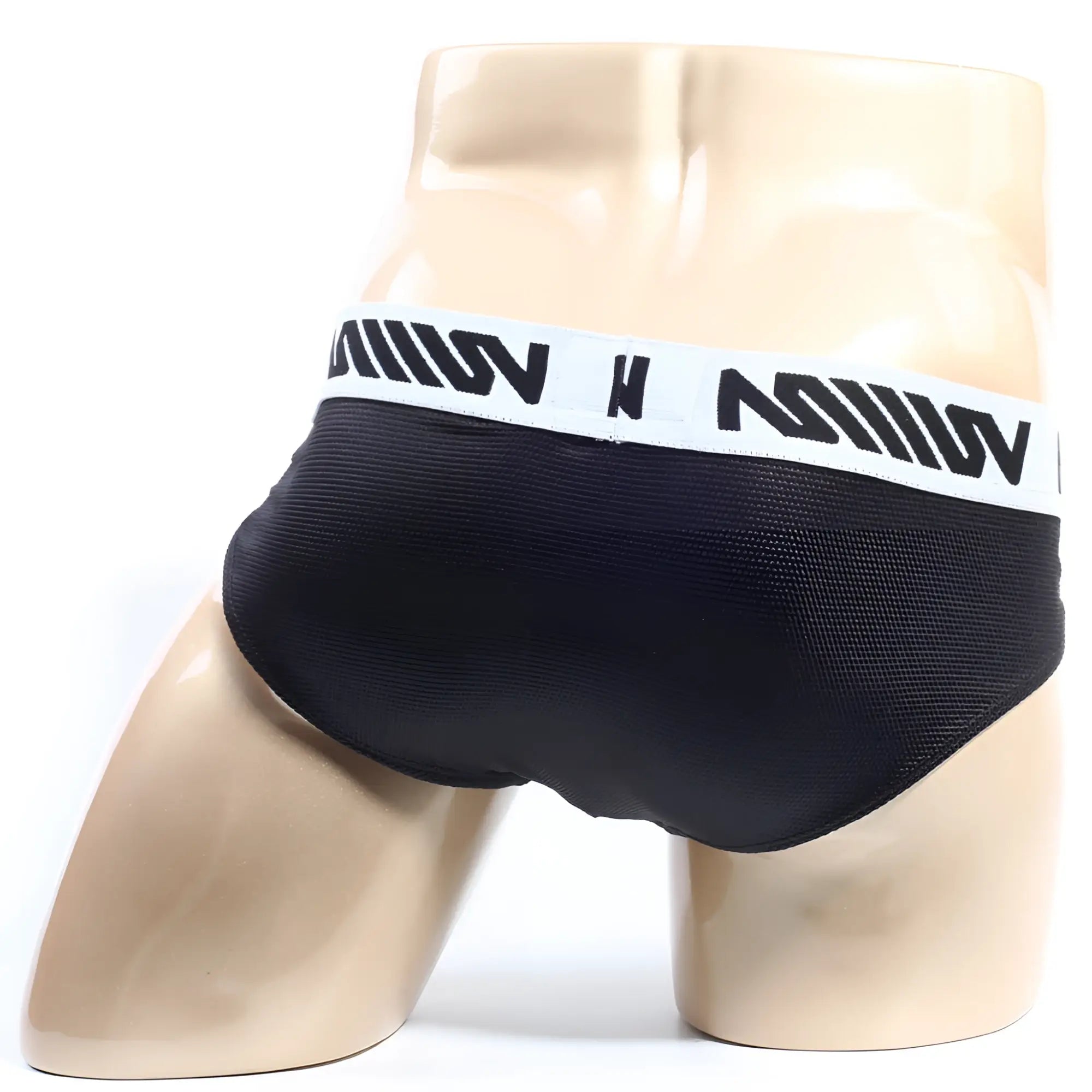 Metro male wear leather hip brief black 5003-86 black mesh briefs with white elastic waistband and bold black lettering