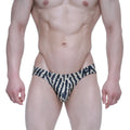 Black and cream zebra-striped men’s briefs with small logo on waistband by metromalewear model 5103-m64