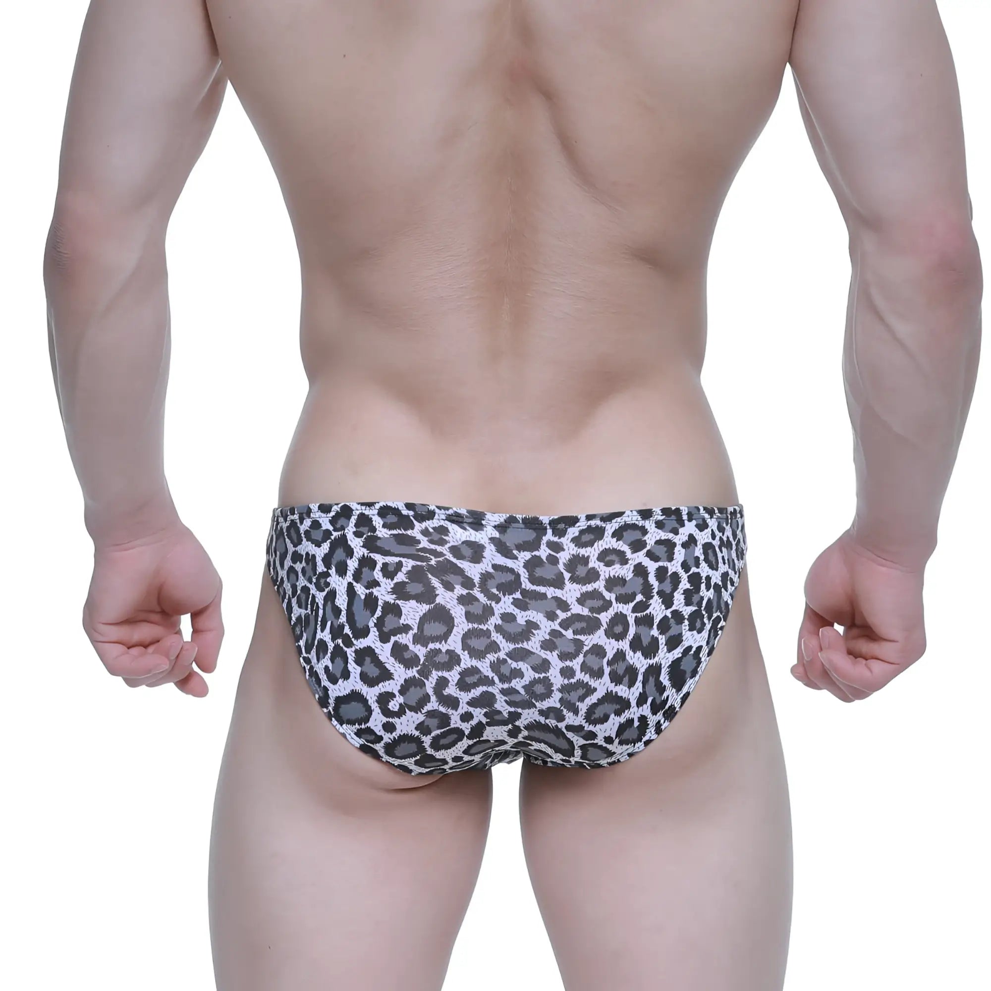 MetroMalewear leopard hip bikini swim trunks in black and white leopard print for men