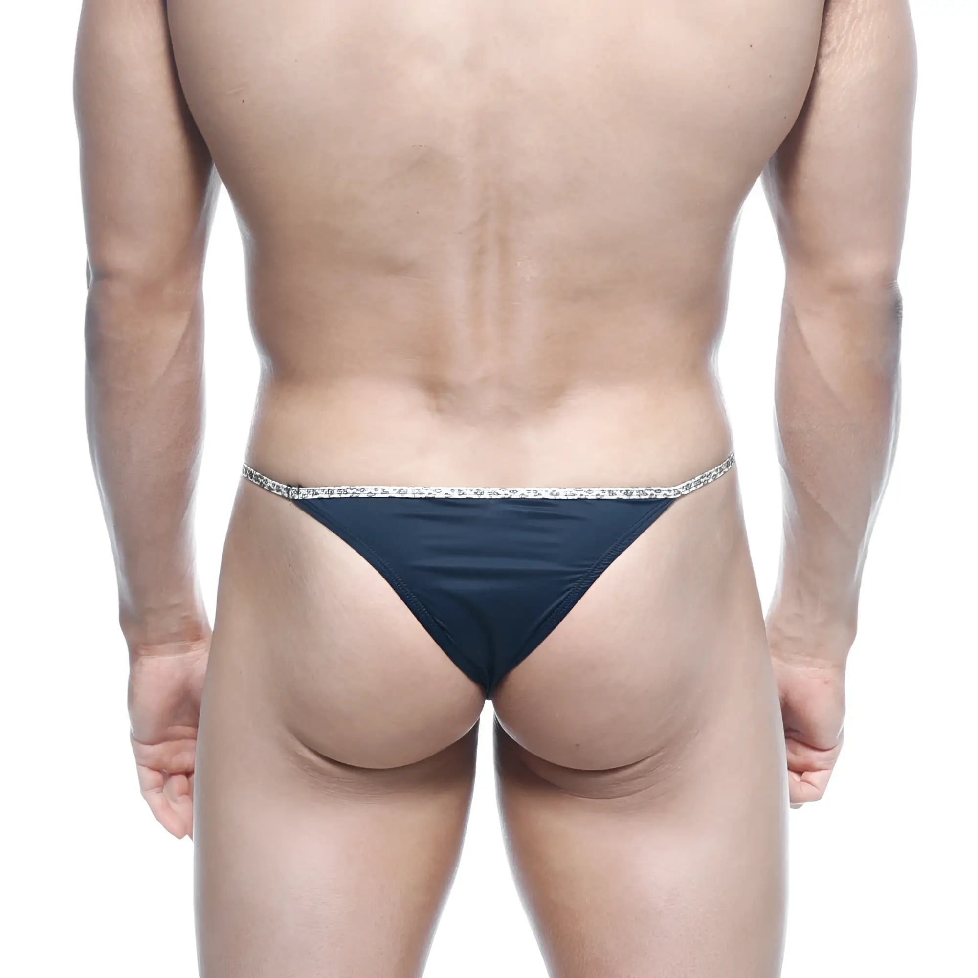 Black thong with sparkling silver trim from MetroMaleWear leopard string bikini collection 2105-20 front view