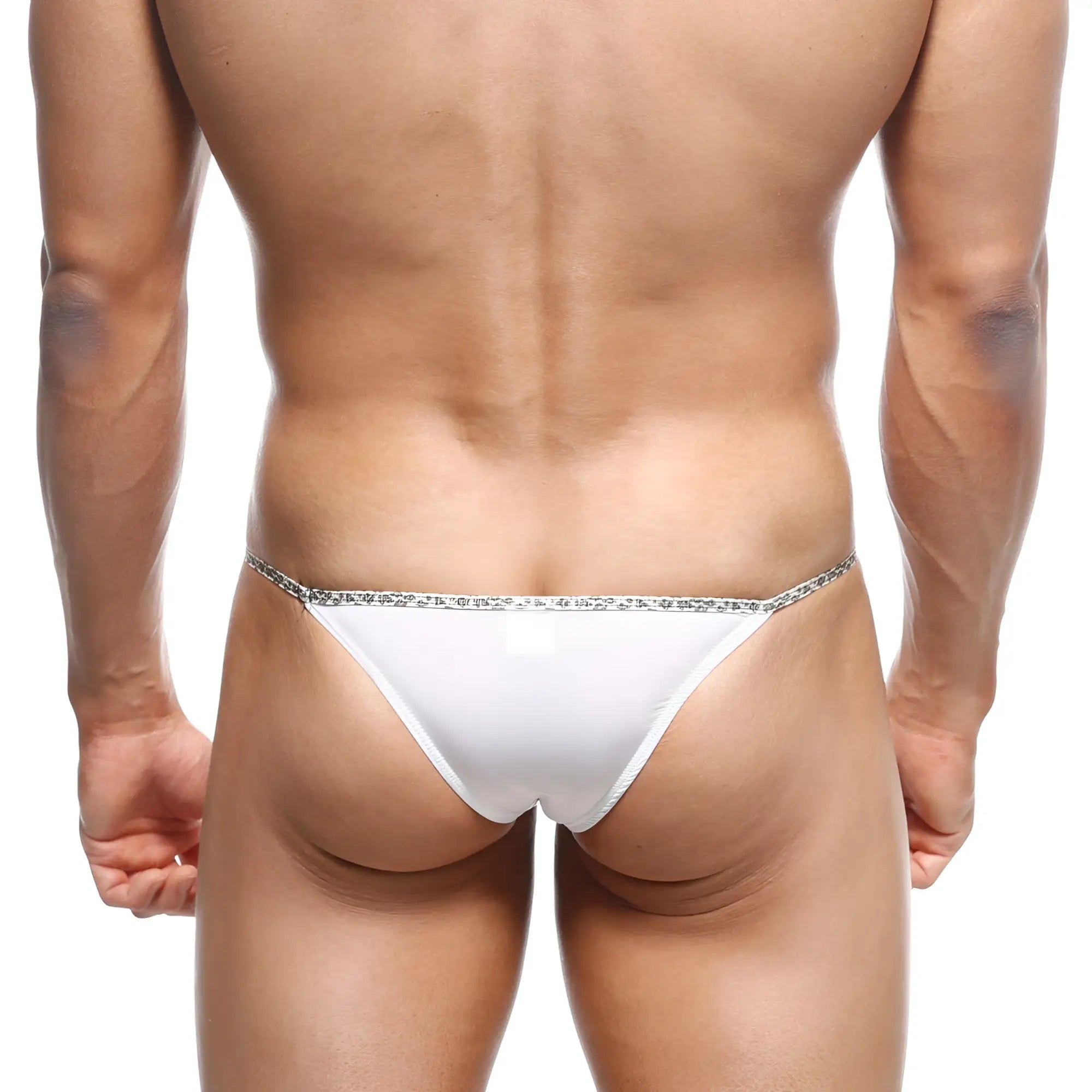 White thong bikini from MetroMaleWear leopard string bikini with sparkling silver trim along the waistband