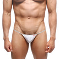White metro male wear thong with decorative leopard patterned waistband showcasing the front side