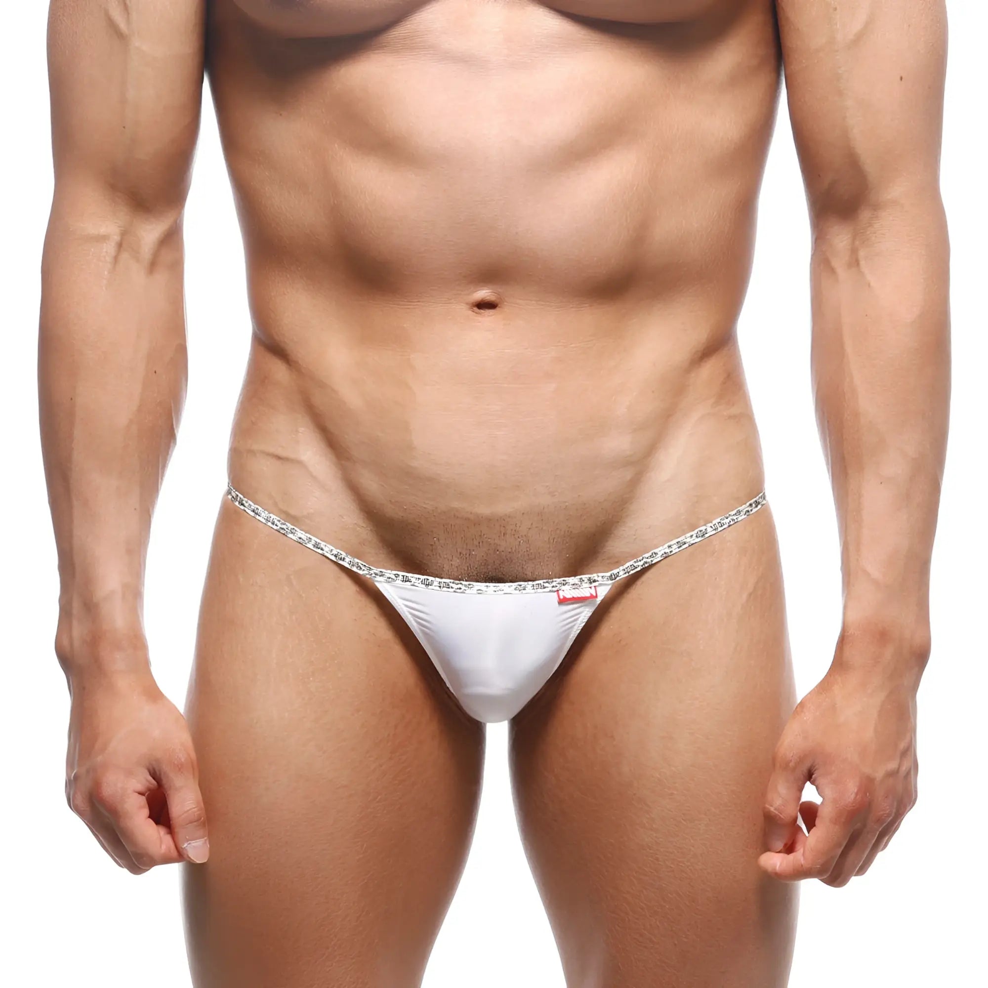 White metro male wear thong with decorative leopard patterned waistband showcasing the front side