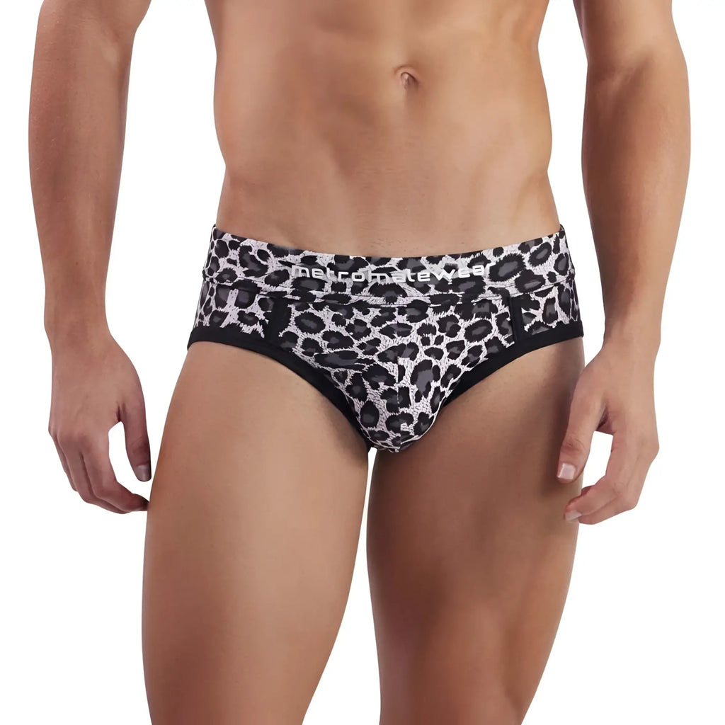 Black and white leopard-print men’s briefs with black trim from MetroMaleWear limited edition animal brief 5203-66