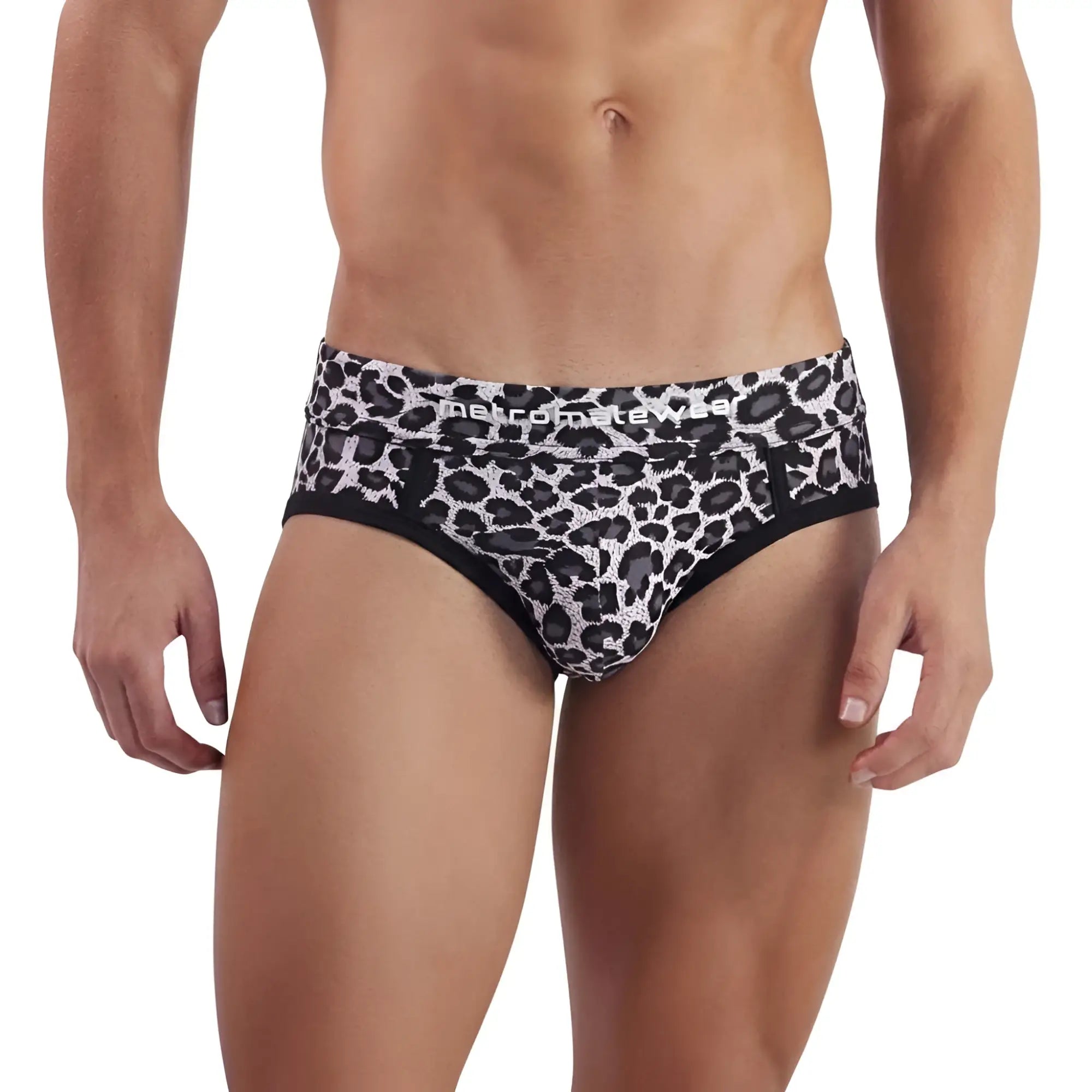 Black and white leopard-print men’s briefs with black trim from MetroMaleWear limited edition animal brief 5203-66