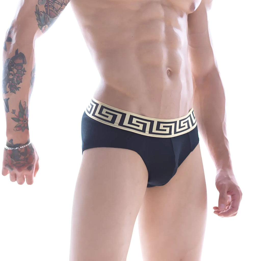 MetroMalewear limited edition black grid hip brief with cream greek key patterned waistband for stylish comfort