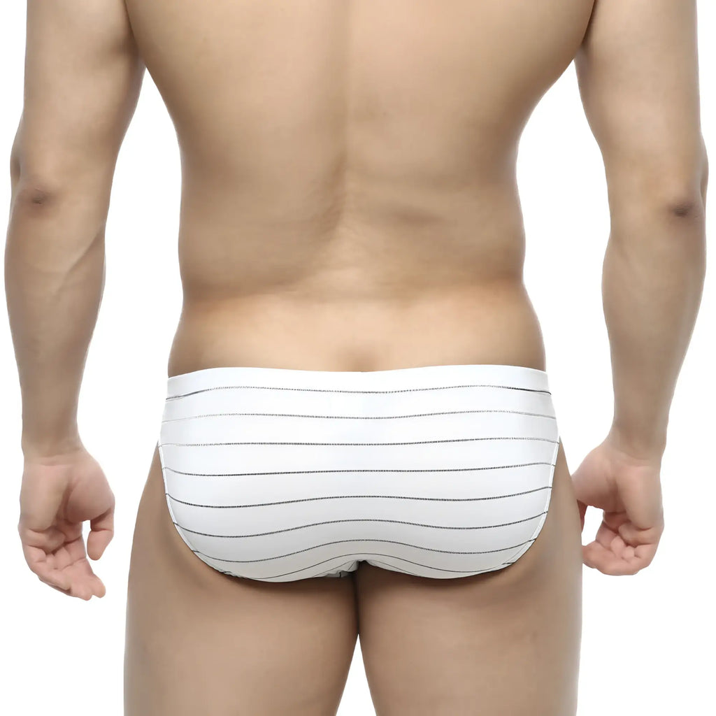 White briefs with thin black horizontal stripes from metromalewear linea bikini 5103-19 in a soft cotton fabric