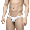 White briefs with black vertical pinstripes and a small brand tag on the waistband from metromalewear linea bikini 5103-19