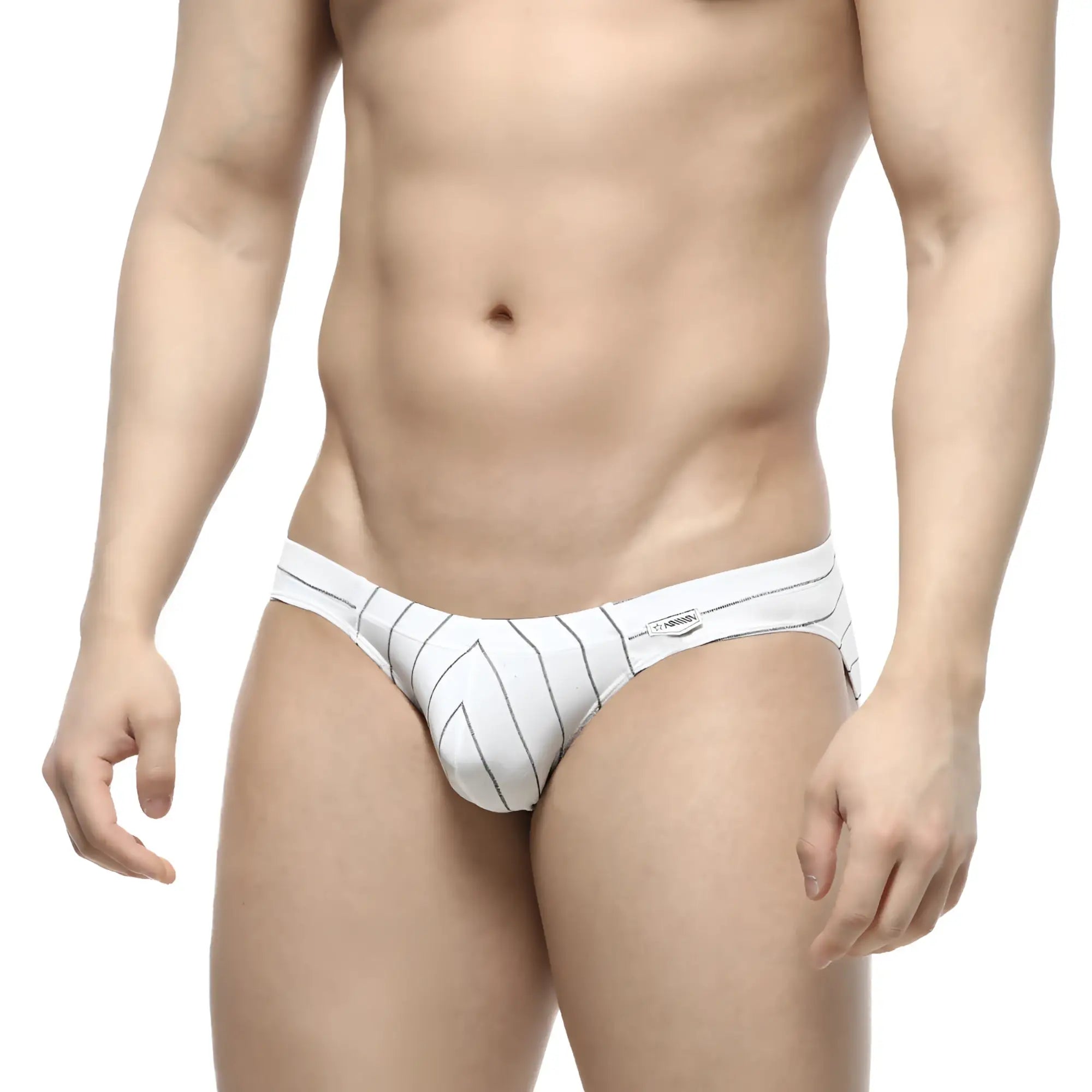 White briefs with black vertical pinstripes and a small brand tag on the waistband from metromalewear linea bikini 5103-19