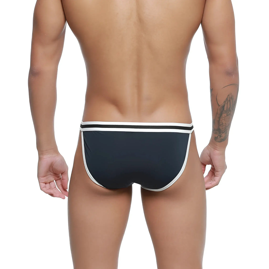 Black swim trunks with white trim and sleek modern design from MetroMaleWear link bikini dark blue 3605-28 collection