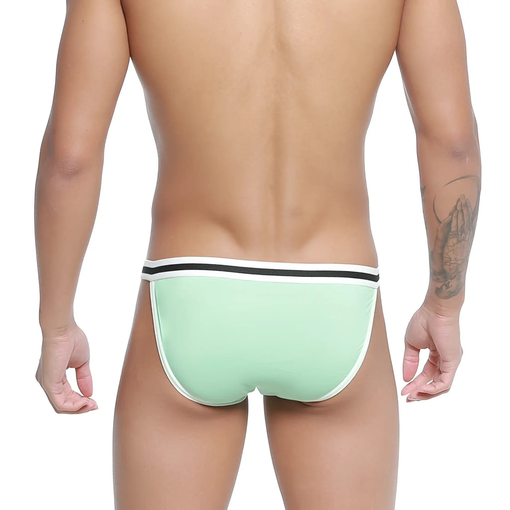Mint green MetroMaleWear link bikini briefs with black and white striped waistband for stylish comfort