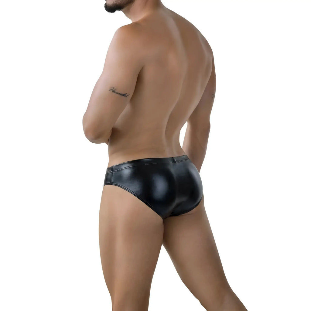Black shiny faux leather briefs metro male wear liquid bikini 5103-m82 front view with sleek design