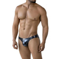 Shiny metallic blue liquid bikini briefs by metromalewear with a sleek form-fitting design