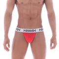Red athletic briefs with a white waistband featuring a repeating gray logo pattern from metromalewear lleno thong red 3012-12