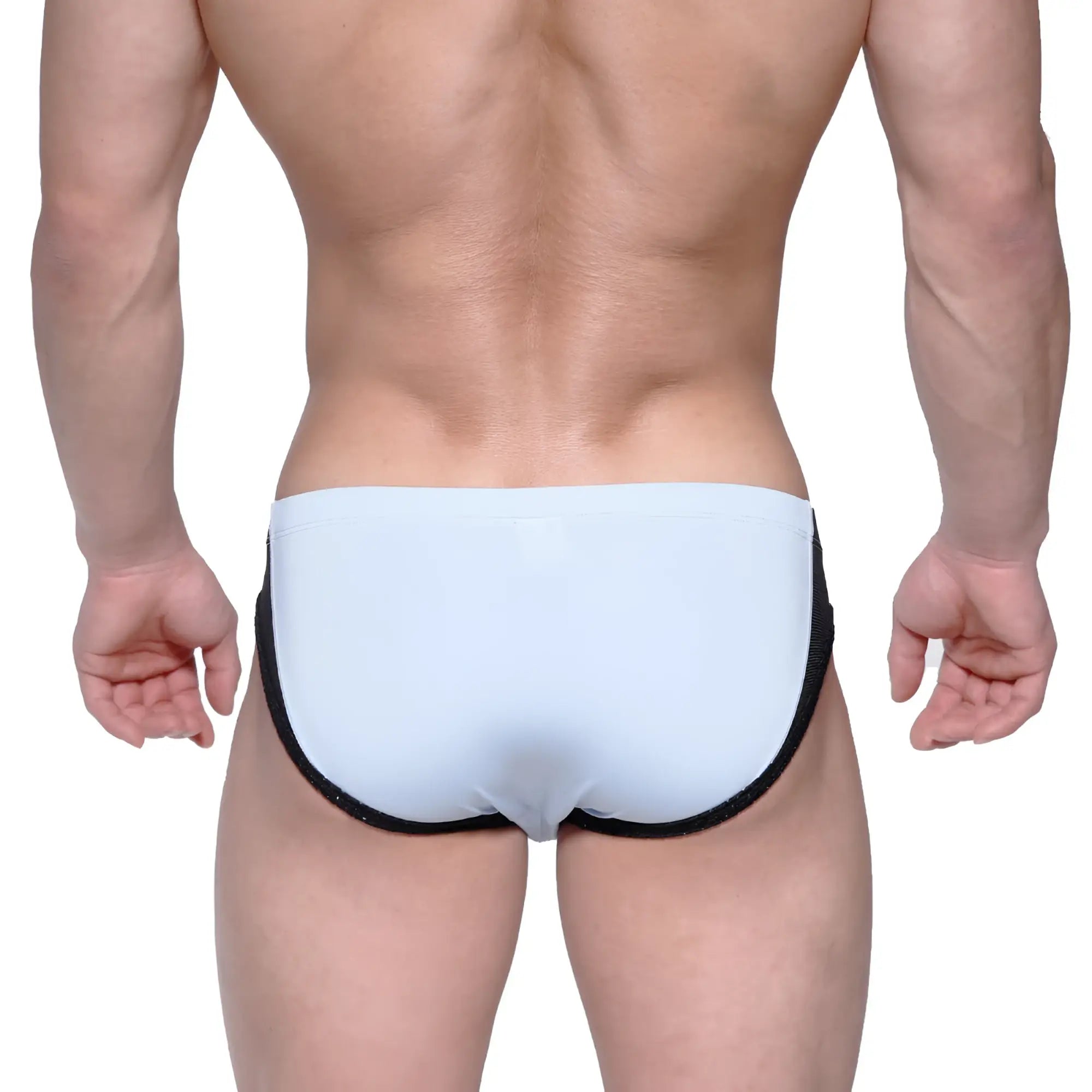Light blue metroMalewear lobo hip brief swim trunks with black trim designed for a comfortable fit