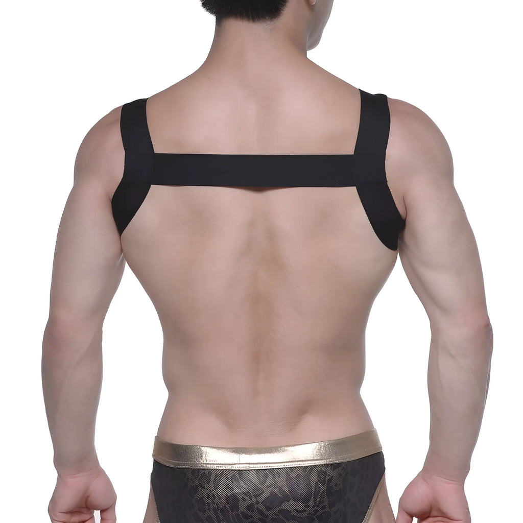 Back view of MetroMaleWear logo harness black featuring black elastic strap with shoulder straps and central band