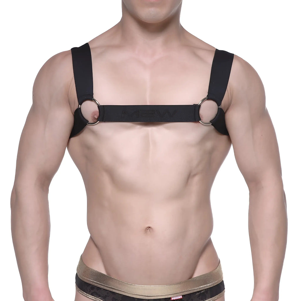 Black leather MetroMaleWear logo harness with metallic rings and central branded strap in black 1200-20 design