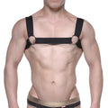 Black leather MetroMaleWear logo harness with metallic rings and central branded strap in black 1200-20 design