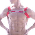 Red ashley brand harness with silver metal rings and white logo strip in metro malewear logo harness red 1200-12