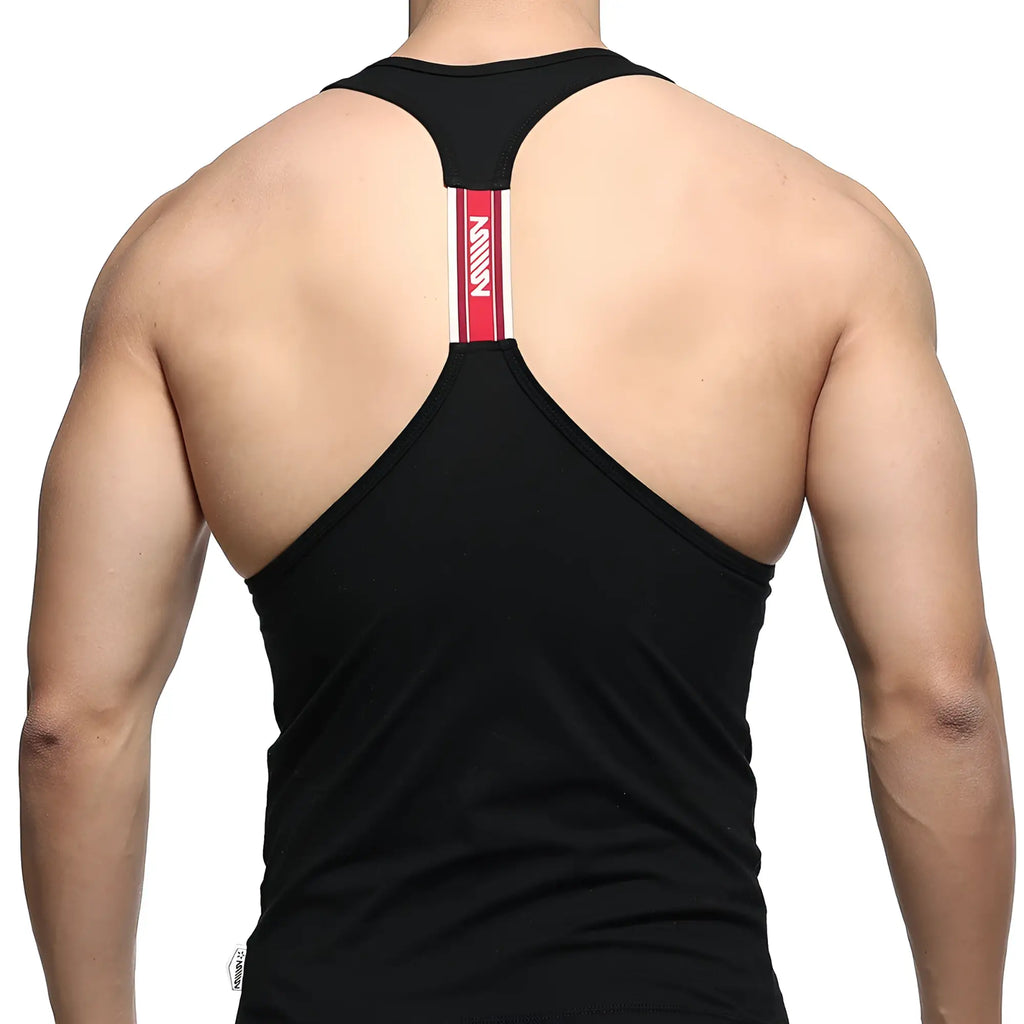 Black racerback tank top by metromalewear with red and white vertical stripe on back center for casual wear