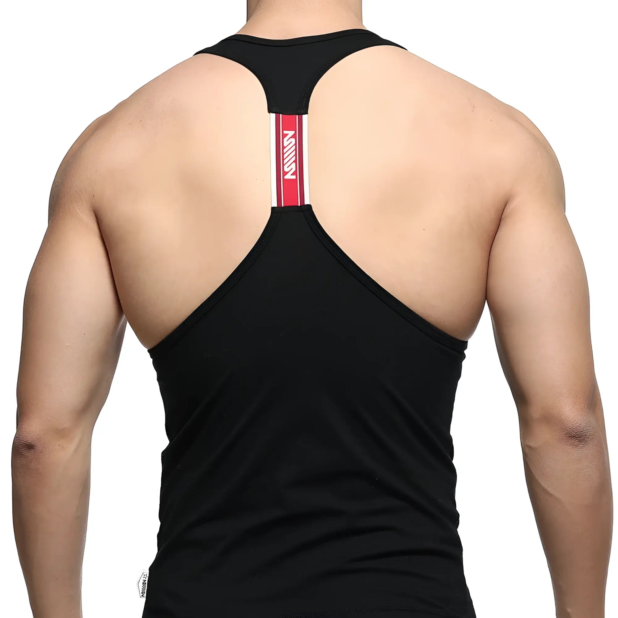 Black racerback tank top by metromalewear with red and white vertical stripe on back center for casual wear