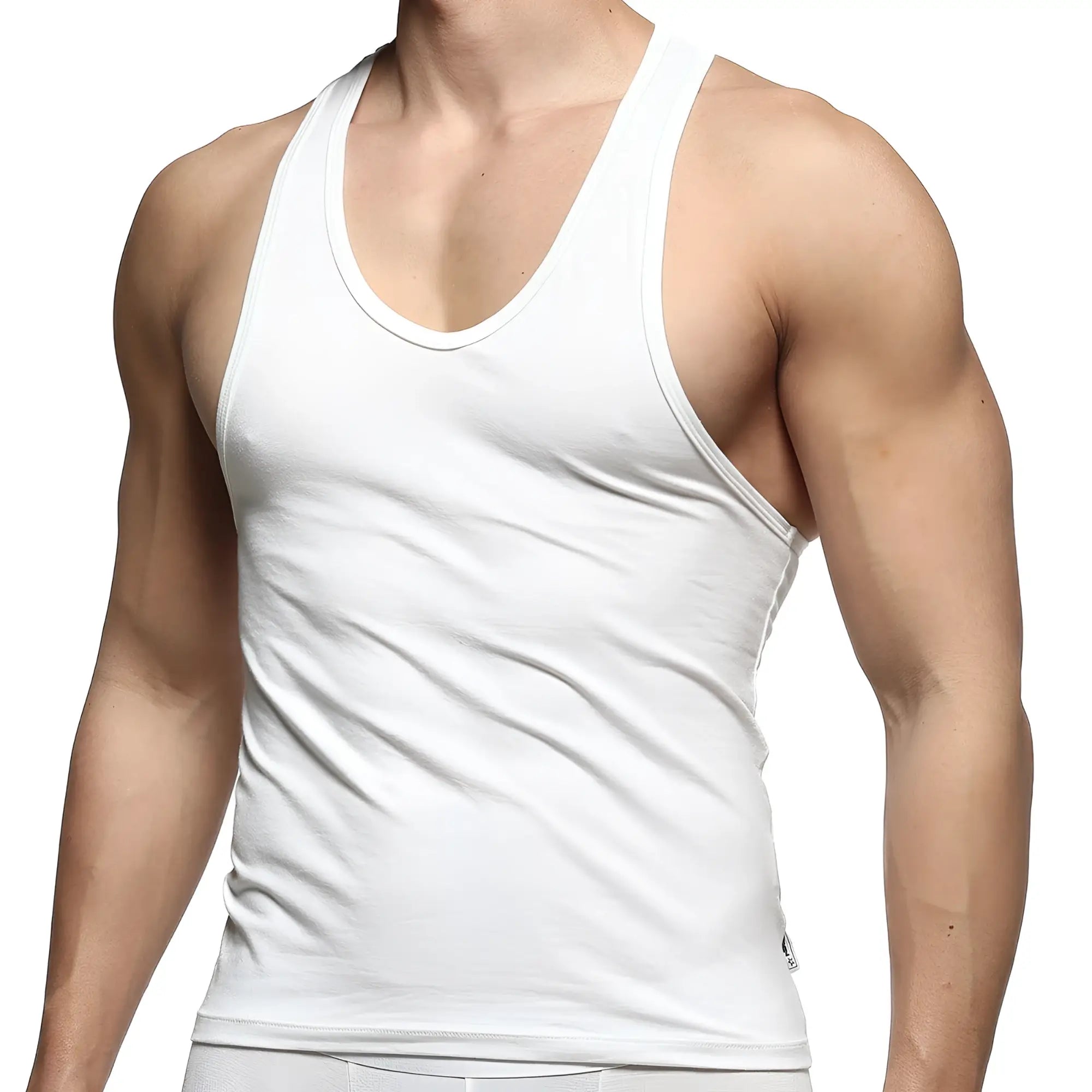 White cotton tank top with scoop neckline and ribbed trim from MetroMaleWear logo collection 3127-01