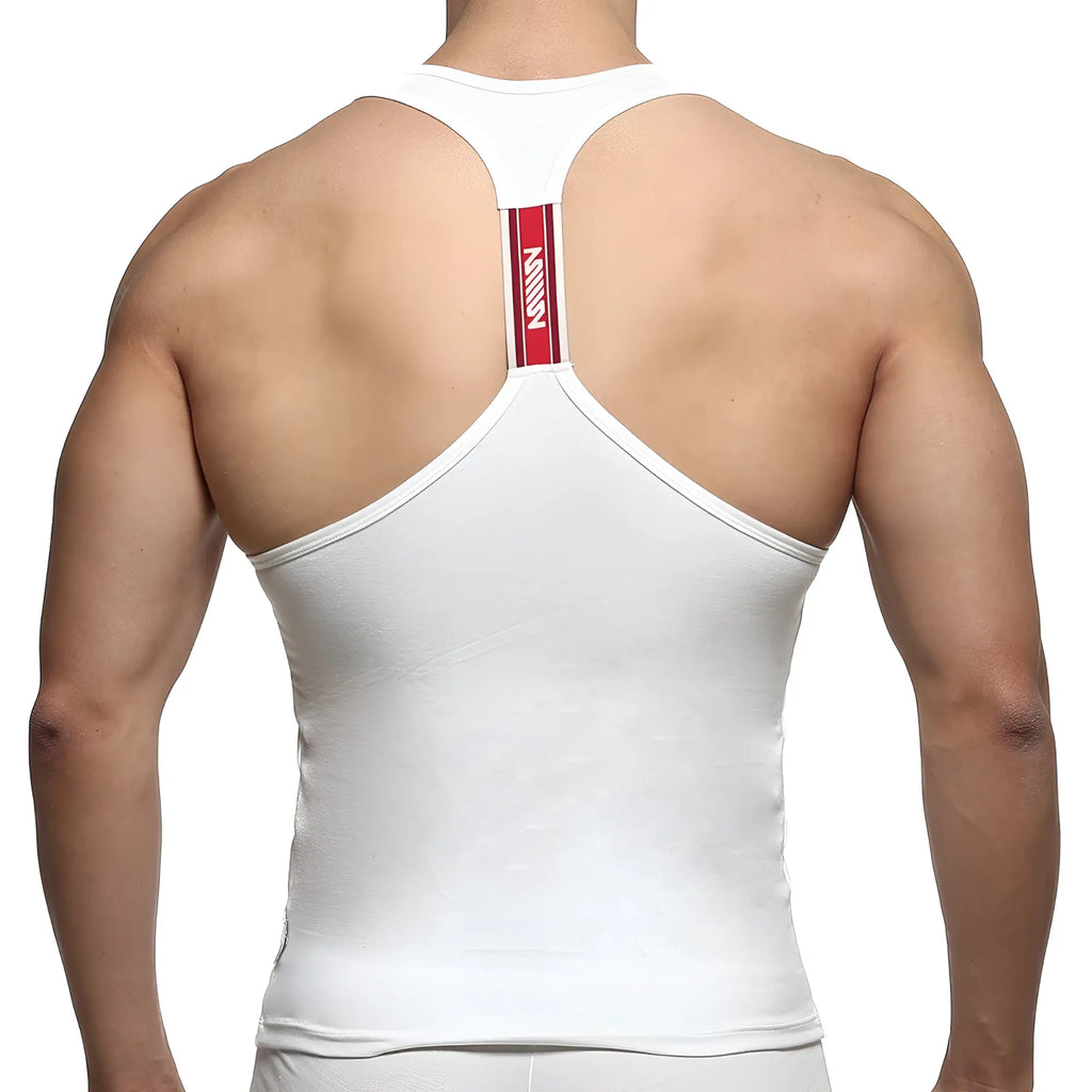 Back view of metroMalewear logo tank top white racerback with red stripe and mann branding down center back