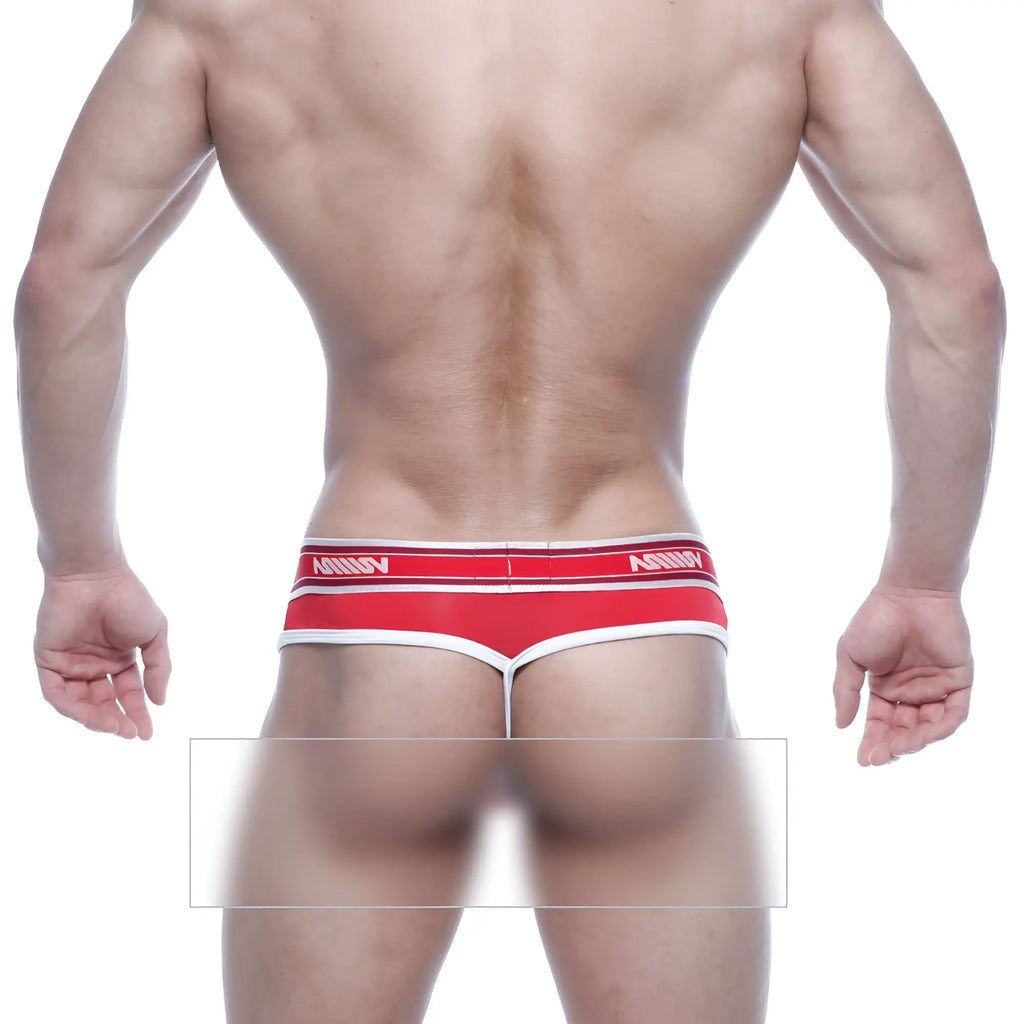 Red and white metro malewear loreto g-string with sleek minimalist design and bold manny logo on waistband