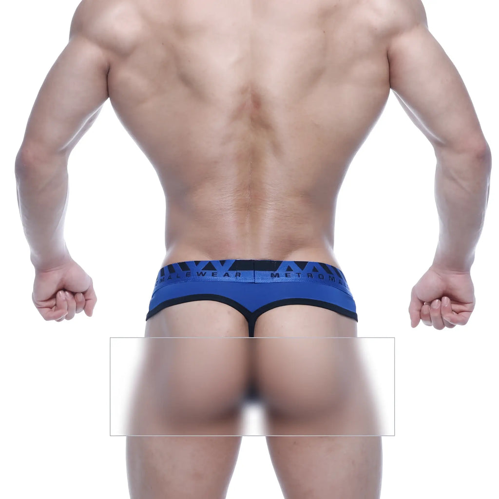Metro malewear loreto g-string royal blue athletic briefs with blue black fabric and bold geometric waistband pattern