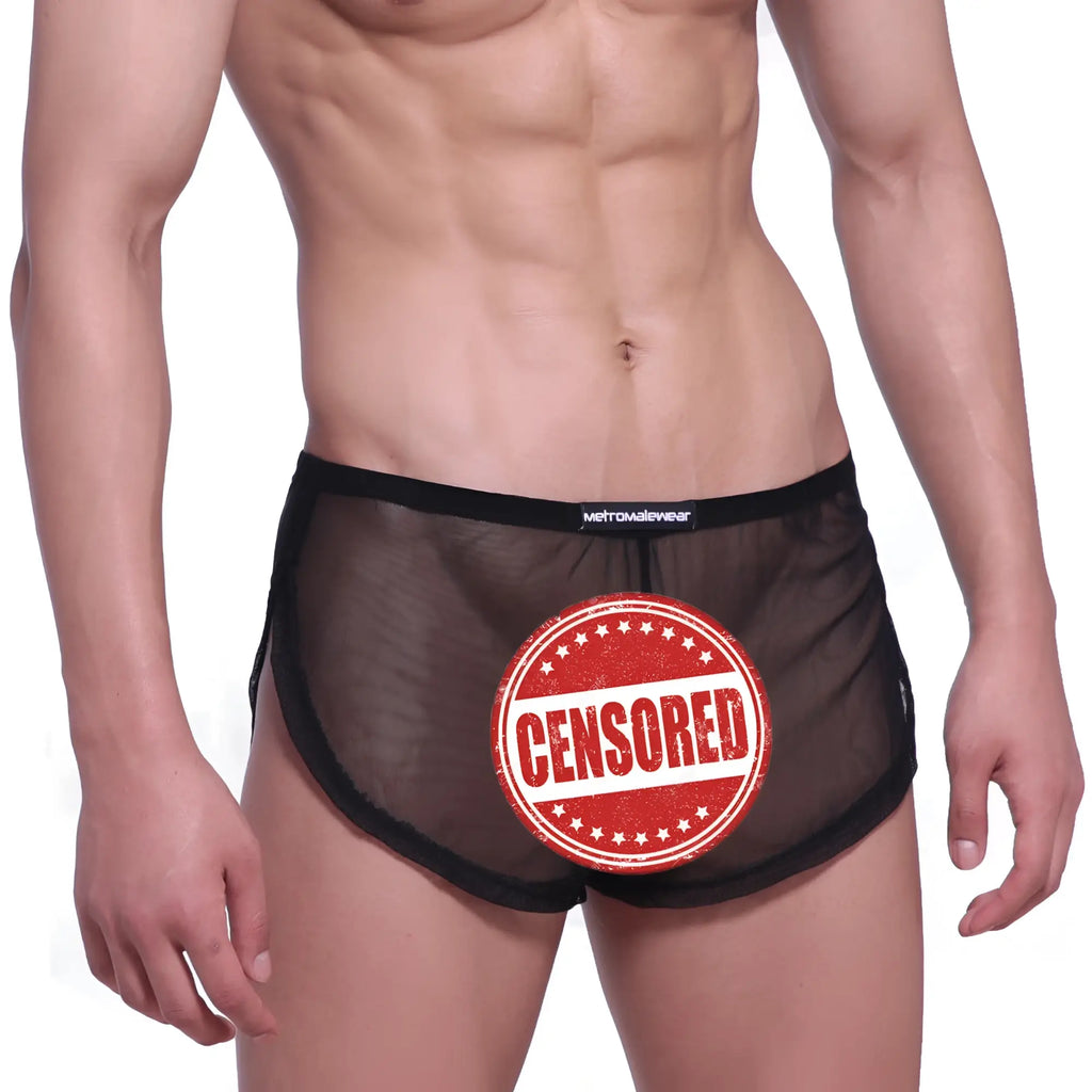 Black sheer mesh briefs with black elastic waistband branded metromalewear metroMalewear Lounge Split Boxer Black Mesh 2008-71