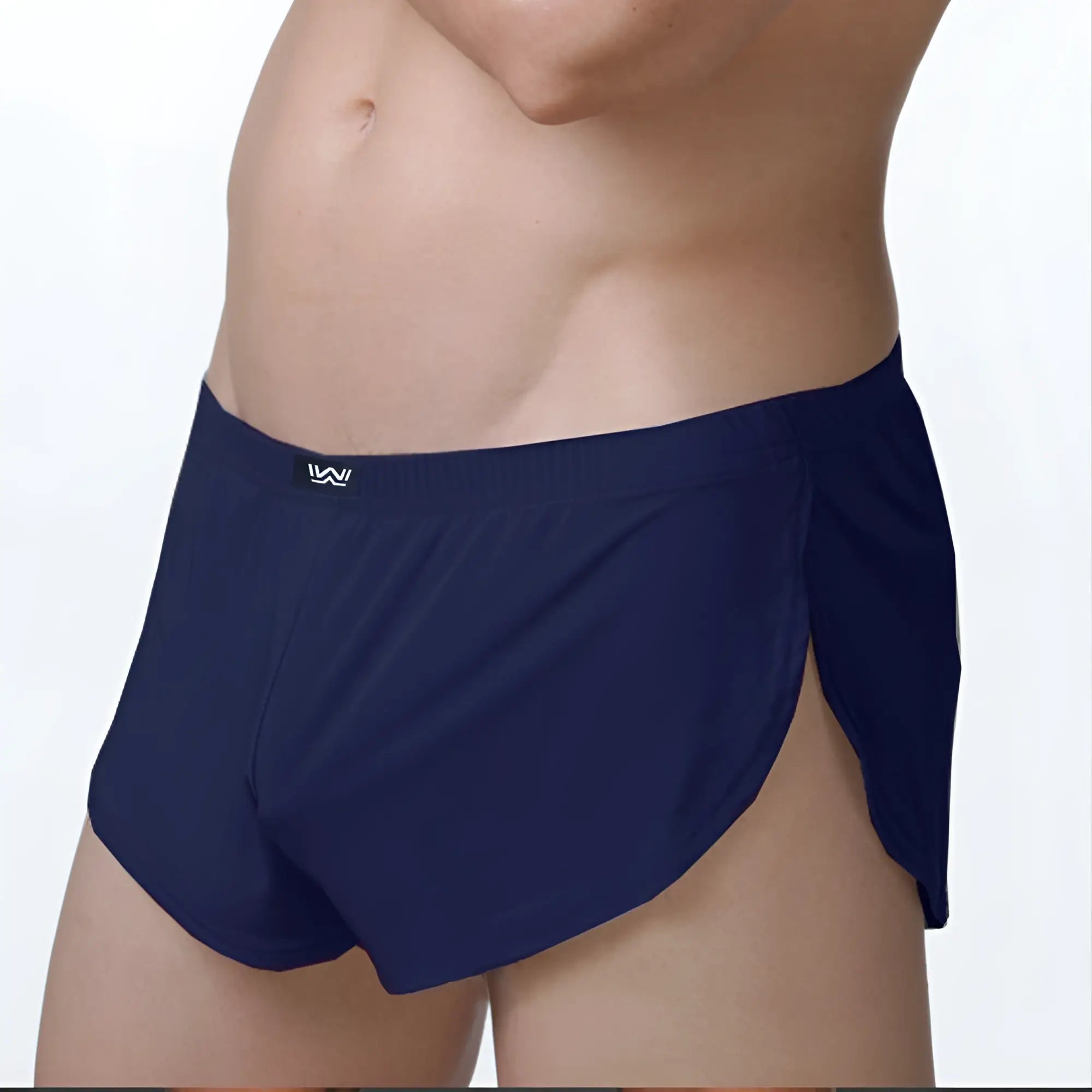 Navy blue MetroMaleWear lounge split boxer briefs feature a sleek form-fitting design with side slits for comfort