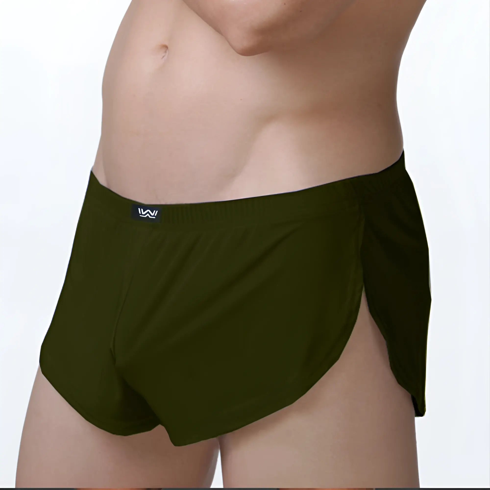 Dark olive green metroMalewear lounge split boxer athletic briefs with sleek design and black logo on waistband