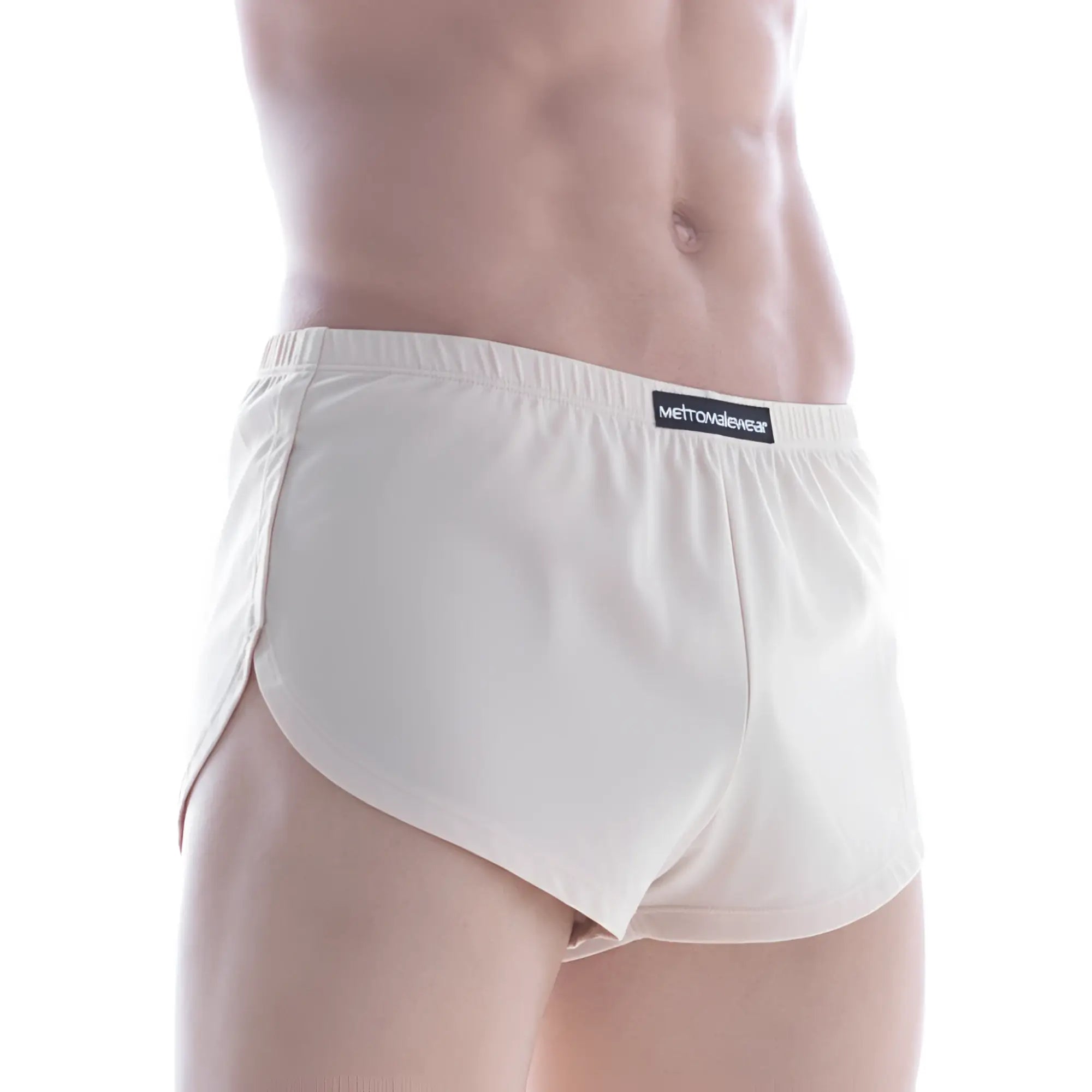 White athletic lounge split boxer with black mettowalewear label on waistband metro malewear nude 2008-01