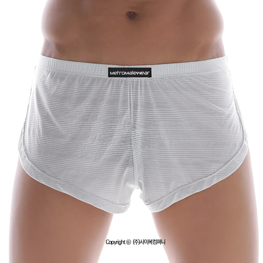 White striped men’s lounge split boxer briefs in sheer grey with black metromalewear label on waistband