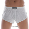 White striped men’s lounge split boxer briefs in sheer grey with black metromalewear label on waistband