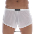 White sheer mens briefs with black waistband featuring metromalewear label from metro male wear lounge split boxer white