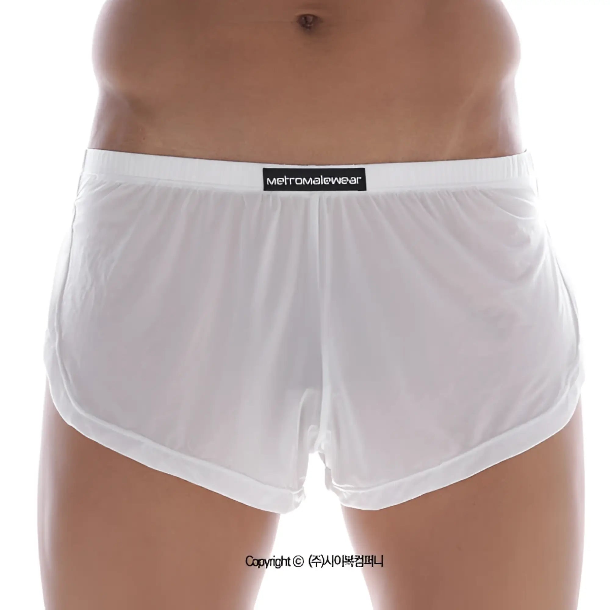 White sheer mens briefs with black waistband featuring metromalewear label from metro male wear lounge split boxer white