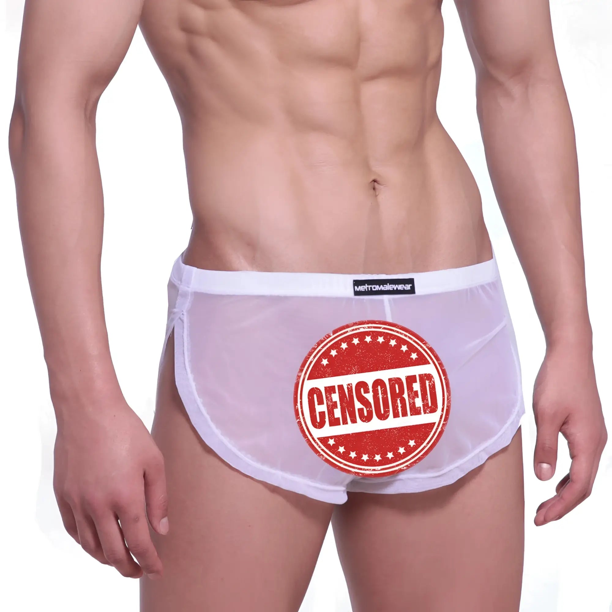 MetroMalewear lounge split boxer white mesh briefs with red censored stamp and black brand tag front view