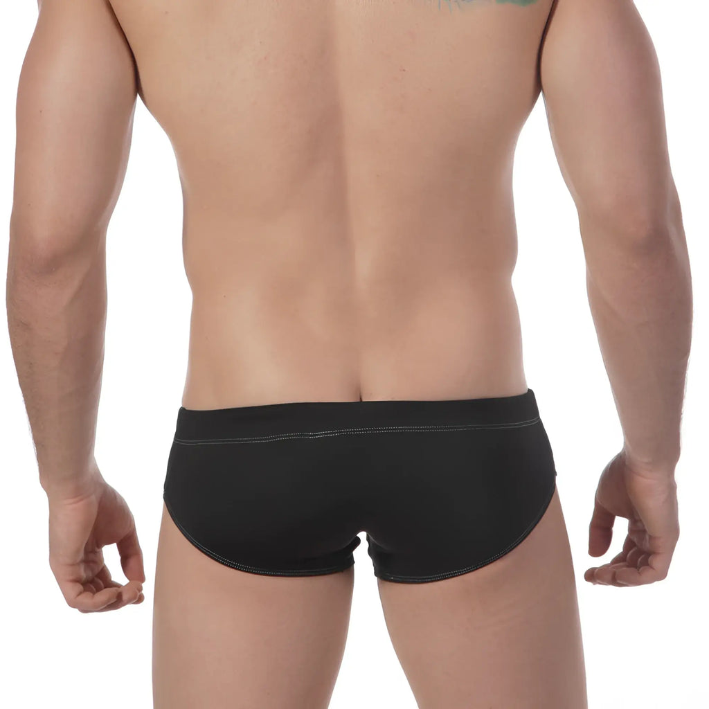 MetroMaleWear lowrise swim brief black with contrasting white stitching on waistband and leg openings for swimming