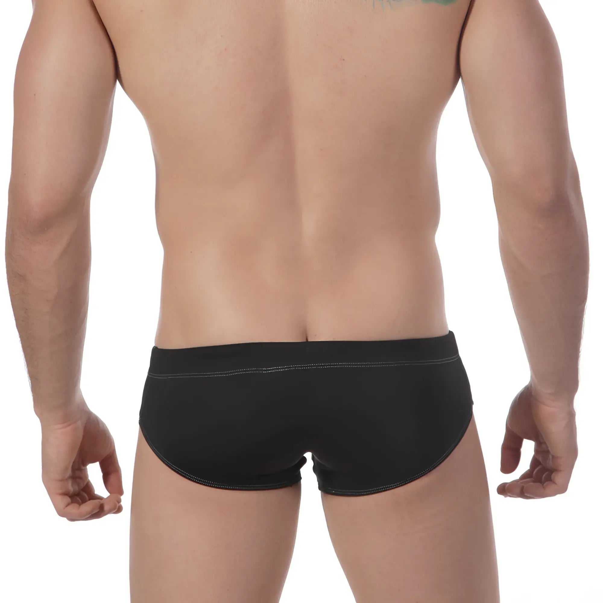 MetroMaleWear lowrise swim brief black with contrasting white stitching on waistband and leg openings for swimming