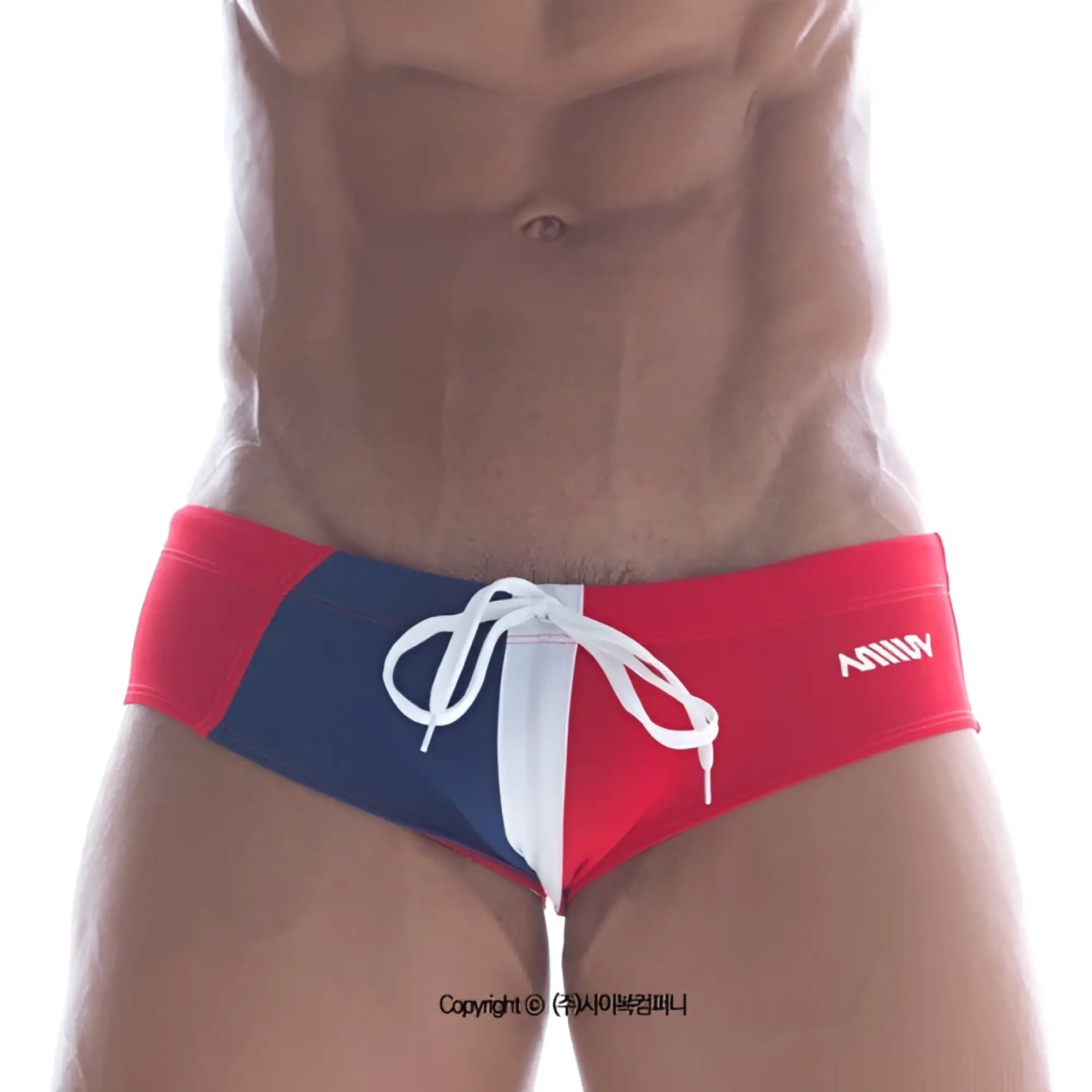 Red blue and white striped metroMalewear lowrise swim brief with white drawstring and anony branding on the side