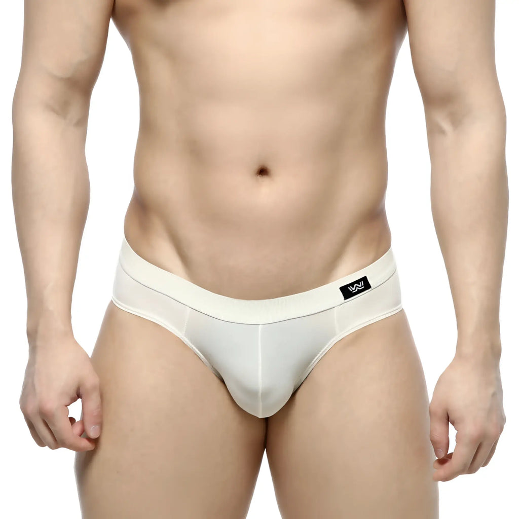 White mesh briefs with solid waistband and black logo tag from metro malewear lupin bikini 5103-06