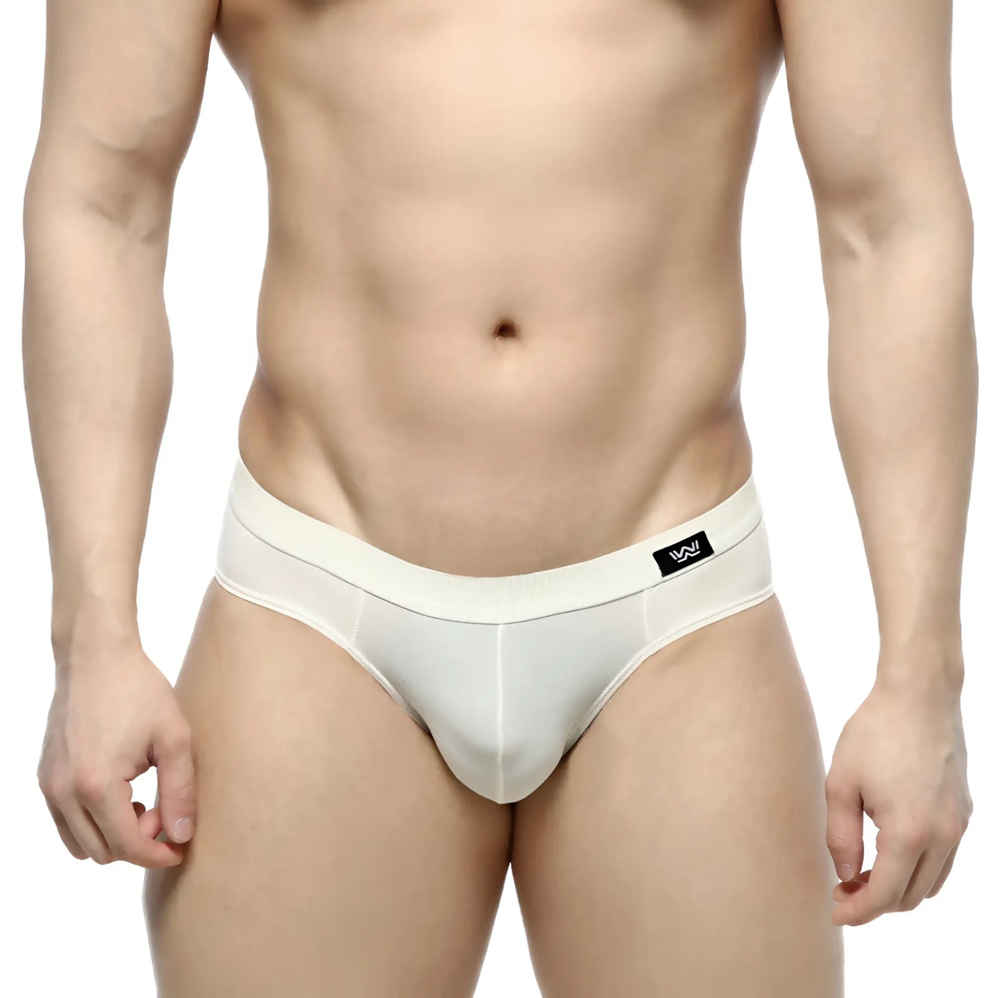 White mesh briefs with solid waistband and black logo tag from metro malewear lupin bikini 5103-06
